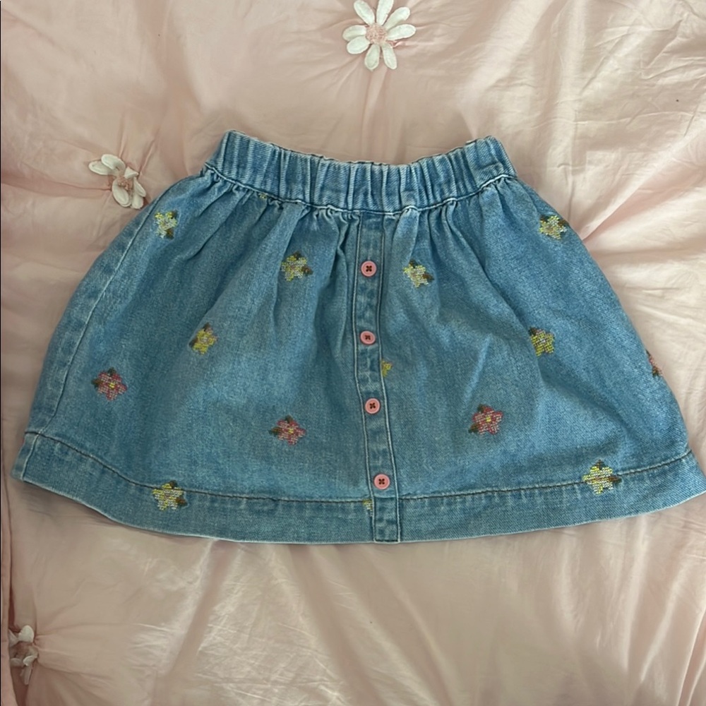 Mini Boden Floral Embroidered Denim Skirt